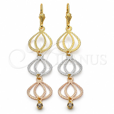 Oro Laminado Long Earring, Gold Filled Style Teardrop Design, with White Cubic Zirconia, Diamond Cutting Finish, Tricolor, 5.085.006