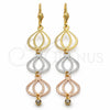 Oro Laminado Long Earring, Gold Filled Style Teardrop Design, with White Cubic Zirconia, Diamond Cutting Finish, Tricolor, 5.085.006