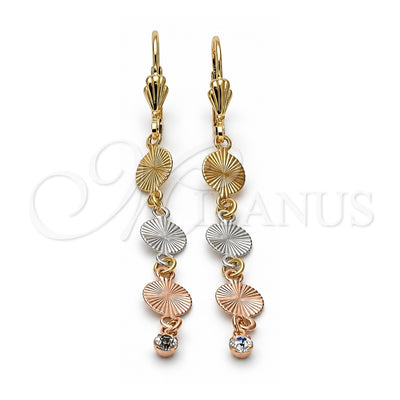 Oro Laminado Long Earring, Gold Filled Style with White Cubic Zirconia, Diamond Cutting Finish, Tricolor, 5.096.012