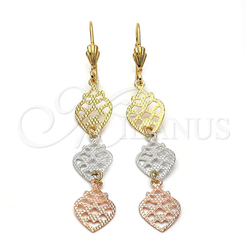 Oro Laminado Long Earring, Gold Filled Style Strawberry Design, Diamond Cutting Finish, Tricolor, 5.077.012