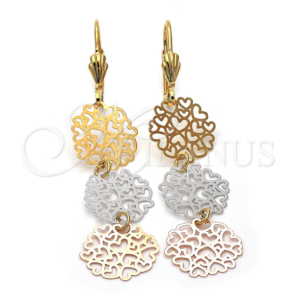 Oro Laminado Long Earring, Gold Filled Style Heart Design, Polished, Tricolor, 5.114.017