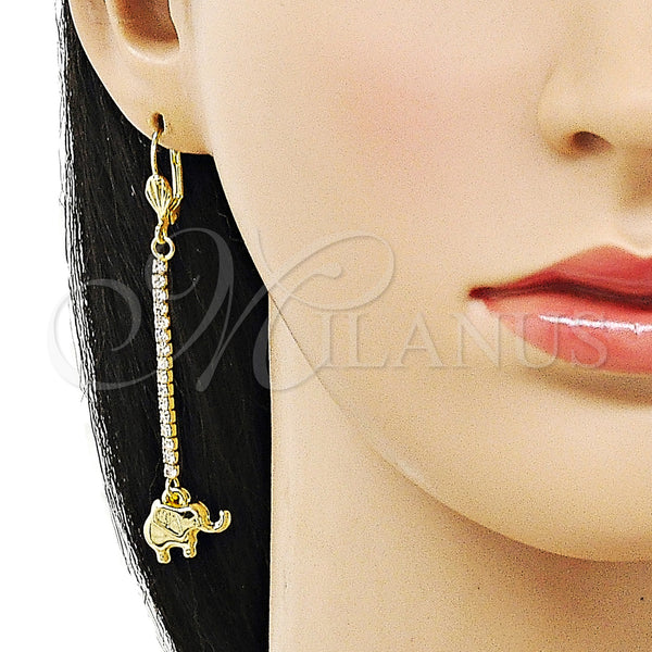 Oro Laminado Long Earring, Gold Filled Style Elephant Design, with White Crystal, Polished, Golden Finish, 5.068.010