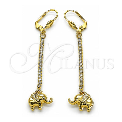 Oro Laminado Long Earring, Gold Filled Style Elephant Design, with White Crystal, Polished, Golden Finish, 5.068.010