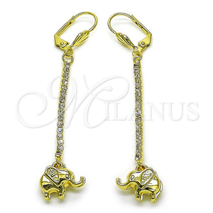 Oro Laminado Long Earring, Gold Filled Style Elephant Design, with White Crystal, Polished, Golden Finish, 5.068.010