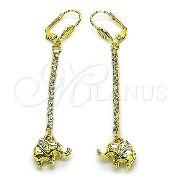 Oro Laminado Long Earring, Gold Filled Style Elephant Design, with White Crystal, Polished, Golden Finish, 5.068.010