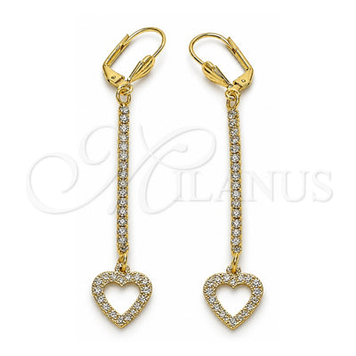Oro Laminado Long Earring, Gold Filled Style Heart Design, with White Crystal, Matte Finish, Golden Finish, 5.071.001