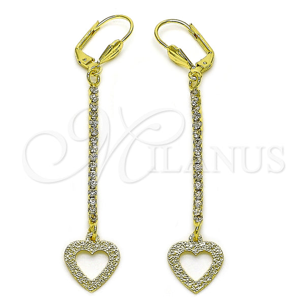 Oro Laminado Long Earring, Gold Filled Style Heart Design, with White Crystal, Matte Finish, Golden Finish, 5.071.001