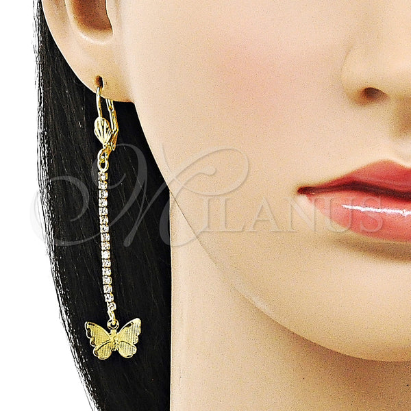 Oro Laminado Long Earring, Gold Filled Style Butterfly Design, with White Crystal, Polished, Golden Finish, 5.074.011