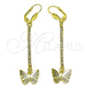 Oro Laminado Long Earring, Gold Filled Style Butterfly Design, with White Crystal, Polished, Golden Finish, 5.074.011