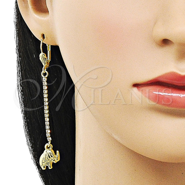 Oro Laminado Long Earring, Gold Filled Style Elephant Design, with White Crystal, Polished, Golden Finish, 5.074.014