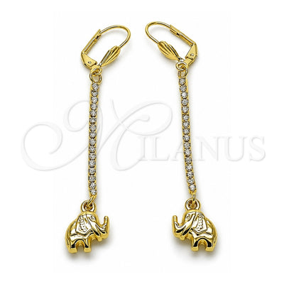 Oro Laminado Long Earring, Gold Filled Style Elephant Design, with White Crystal, Polished, Golden Finish, 5.074.014