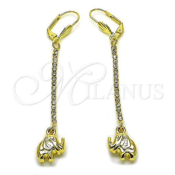 Oro Laminado Long Earring, Gold Filled Style Elephant Design, with White Crystal, Polished, Golden Finish, 5.074.014