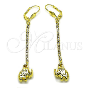 Oro Laminado Long Earring, Gold Filled Style Elephant Design, with White Crystal, Polished, Golden Finish, 5.074.014