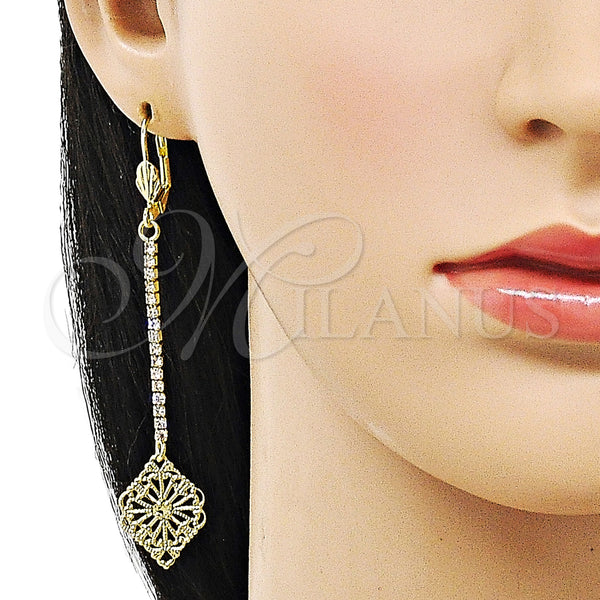 Oro Laminado Long Earring, Gold Filled Style Leaf and Filigree Design, with White Crystal, Polished, Golden Finish, 5.075.010