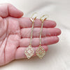 Oro Laminado Long Earring, Gold Filled Style Leaf and Filigree Design, with White Crystal, Polished, Golden Finish, 5.075.010