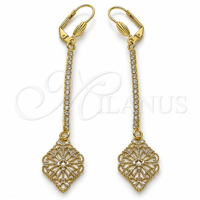 Oro Laminado Long Earring, Gold Filled Style Leaf and Filigree Design, with White Crystal, Polished, Golden Finish, 5.075.010