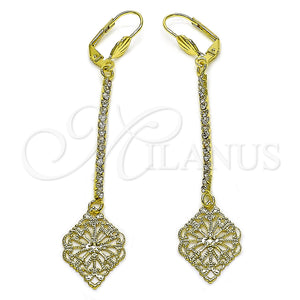 Oro Laminado Long Earring, Gold Filled Style Leaf and Filigree Design, with White Crystal, Polished, Golden Finish, 5.075.010
