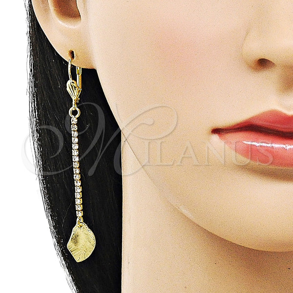Oro Laminado Long Earring, Gold Filled Style Leaf Design, with White Crystal, Diamond Cutting Finish, Golden Finish, 5.081.012
