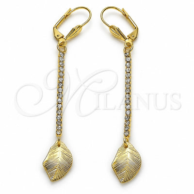 Oro Laminado Long Earring, Gold Filled Style Leaf Design, with White Crystal, Diamond Cutting Finish, Golden Finish, 5.081.012