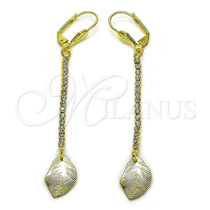 Oro Laminado Long Earring, Gold Filled Style Leaf Design, with White Crystal, Diamond Cutting Finish, Golden Finish, 5.081.012
