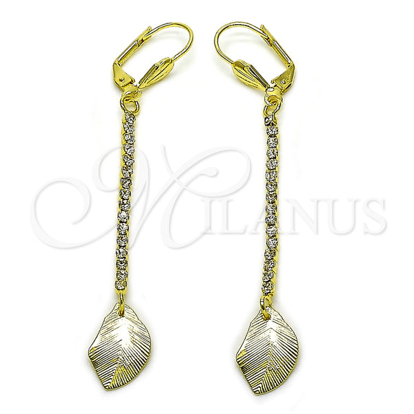 Oro Laminado Long Earring, Gold Filled Style Leaf Design, with White Crystal, Diamond Cutting Finish, Golden Finish, 5.081.012