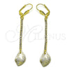 Oro Laminado Long Earring, Gold Filled Style Leaf Design, with White Crystal, Diamond Cutting Finish, Golden Finish, 5.081.012