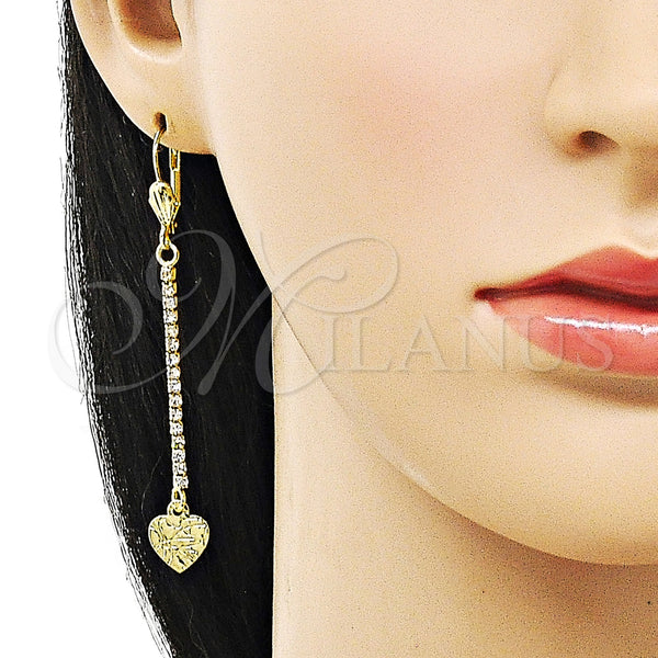 Oro Laminado Long Earring, Gold Filled Style Heart Design, with White Crystal, Diamond Cutting Finish, Golden Finish, 5.084.010