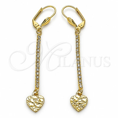 Oro Laminado Long Earring, Gold Filled Style Heart Design, with White Crystal, Diamond Cutting Finish, Golden Finish, 5.084.010
