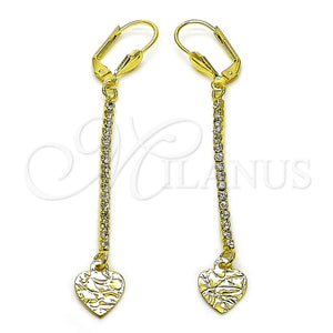 Oro Laminado Long Earring, Gold Filled Style Heart Design, with White Crystal, Diamond Cutting Finish, Golden Finish, 5.084.010