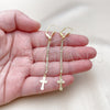 Oro Laminado Long Earring, Gold Filled Style Cross Design, with White Crystal, Diamond Cutting Finish, Golden Finish, 5.084.015