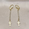 Oro Laminado Long Earring, Gold Filled Style Cross Design, with White Crystal, Diamond Cutting Finish, Golden Finish, 5.084.015
