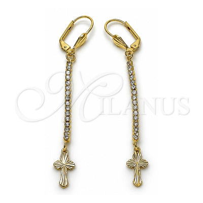 Oro Laminado Long Earring, Gold Filled Style Cross Design, with White Crystal, Diamond Cutting Finish, Golden Finish, 5.084.015