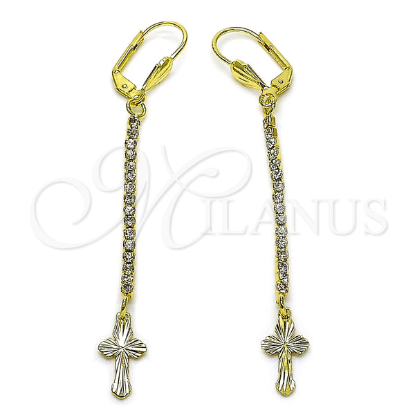Oro Laminado Long Earring, Gold Filled Style Cross Design, with White Crystal, Diamond Cutting Finish, Golden Finish, 5.084.015