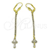 Oro Laminado Long Earring, Gold Filled Style Cross Design, with White Crystal, Diamond Cutting Finish, Golden Finish, 5.084.015