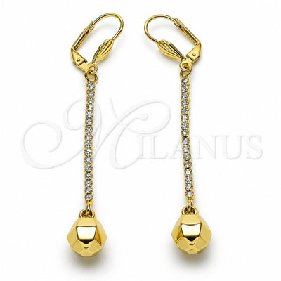 Oro Laminado Long Earring, Gold Filled Style Ball and Disco Design, with White Crystal, Polished, Golden Finish, 5.085.009