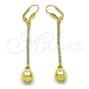 Oro Laminado Long Earring, Gold Filled Style Ball and Disco Design, with White Crystal, Polished, Golden Finish, 5.085.009