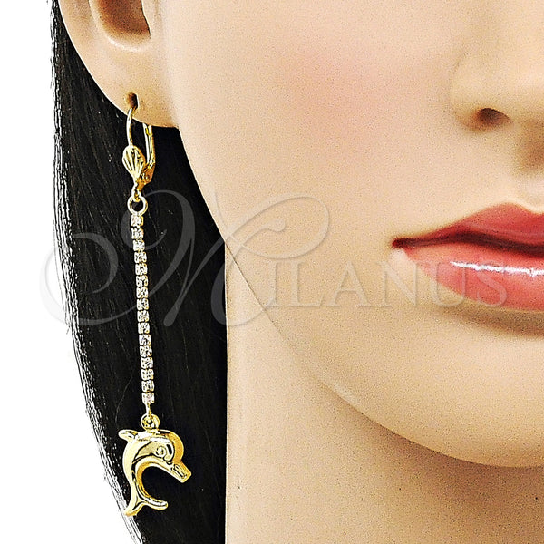 Oro Laminado Long Earring, Gold Filled Style Dolphin Design, with White Crystal, Polished, Golden Finish, 5.100.014