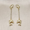 Oro Laminado Long Earring, Gold Filled Style Dolphin Design, with White Crystal, Polished, Golden Finish, 5.100.014