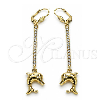 Oro Laminado Long Earring, Gold Filled Style Dolphin Design, with White Crystal, Polished, Golden Finish, 5.100.014