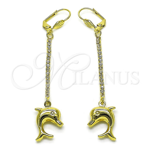 Oro Laminado Long Earring, Gold Filled Style Dolphin Design, with White Crystal, Polished, Golden Finish, 5.100.014