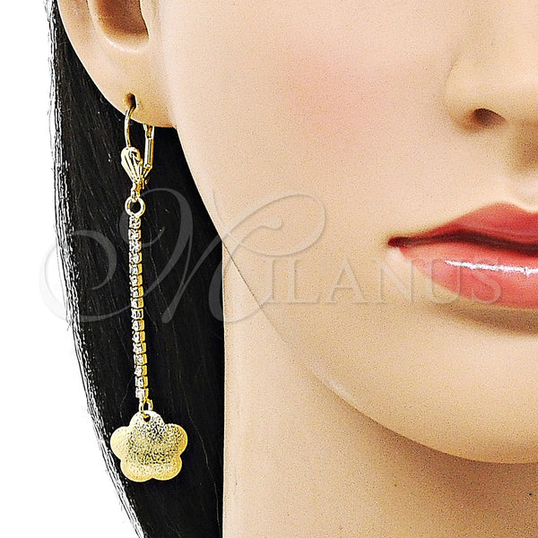 Oro Laminado Long Earring, Gold Filled Style Flower Design, with White Crystal, Matte Finish, Golden Finish, 5.101.003