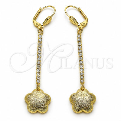 Oro Laminado Long Earring, Gold Filled Style Flower Design, with White Crystal, Matte Finish, Golden Finish, 5.101.003