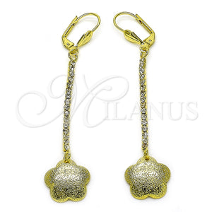 Oro Laminado Long Earring, Gold Filled Style Flower Design, with White Crystal, Matte Finish, Golden Finish, 5.101.003