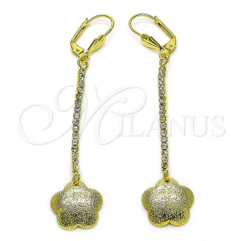Oro Laminado Long Earring, Gold Filled Style Flower Design, with White Crystal, Matte Finish, Golden Finish, 5.101.003