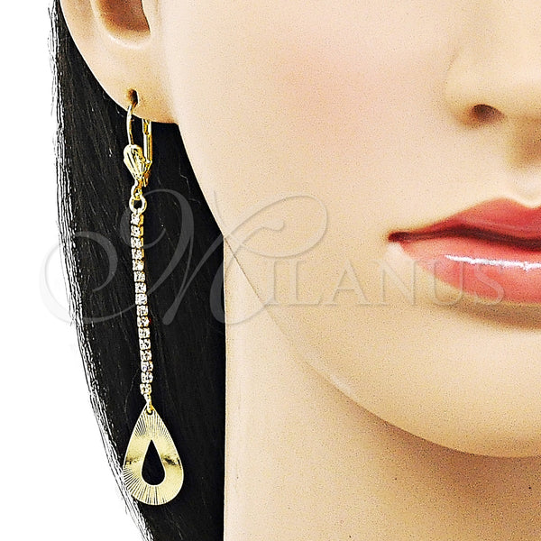 Oro Laminado Long Earring, Gold Filled Style Teardrop Design, with White Crystal, Diamond Cutting Finish, Golden Finish, 5.104.017