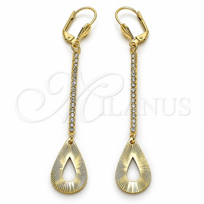 Oro Laminado Long Earring, Gold Filled Style Teardrop Design, with White Crystal, Diamond Cutting Finish, Golden Finish, 5.104.017