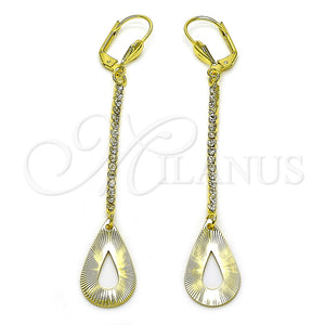 Oro Laminado Long Earring, Gold Filled Style Teardrop Design, with White Crystal, Diamond Cutting Finish, Golden Finish, 5.104.017