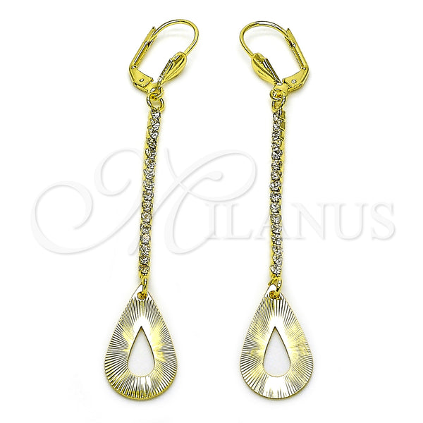 Oro Laminado Long Earring, Gold Filled Style Teardrop Design, with White Crystal, Diamond Cutting Finish, Golden Finish, 5.104.017