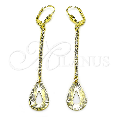 Oro Laminado Long Earring, Gold Filled Style Teardrop Design, with White Crystal, Diamond Cutting Finish, Golden Finish, 5.104.017