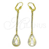 Oro Laminado Long Earring, Gold Filled Style Teardrop Design, with White Crystal, Diamond Cutting Finish, Golden Finish, 5.104.017